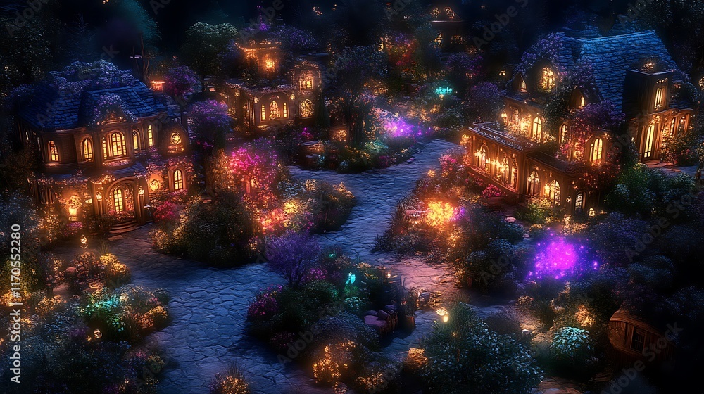 Enchanting Night Village Illuminated Houses Gardens