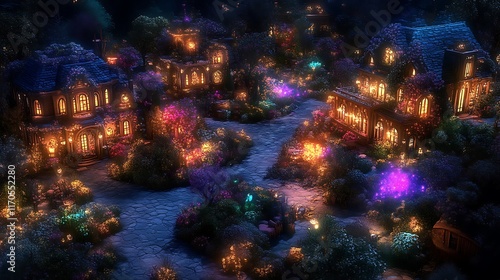 Obraz na płótnie Enchanting Night Village Illuminated Houses Gardens w salonie