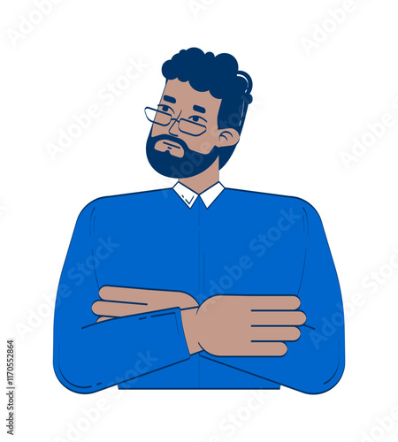 Thoughtful bearded black man in eyeglasses arms crossed 2D doodle character. African american male professor cartoon person vector drawing isolated on white. Hand drawn illustration colorful