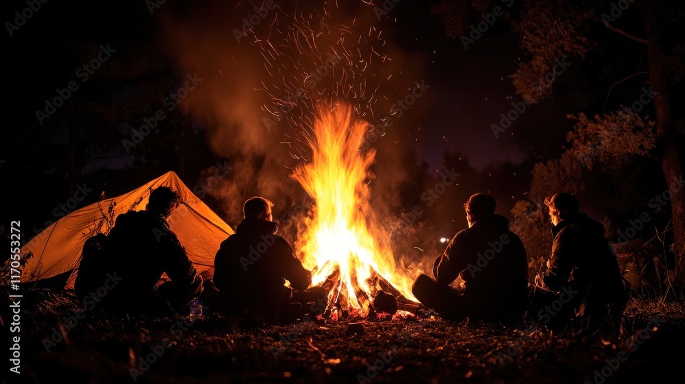Fire flames rising and moving at dark night in dark blurred background. Camping fire suitable backdrop