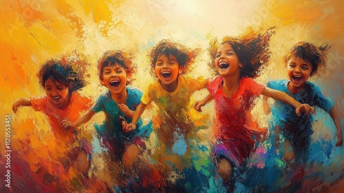 Joyful Indian Children Playing Holi Festival with Colorful Expressions in Warm Sunlight