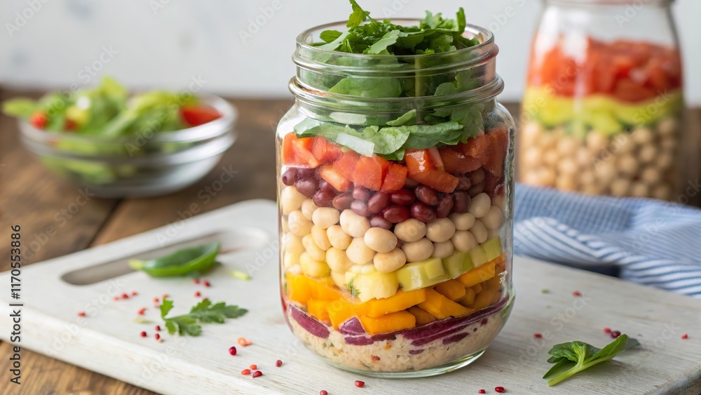 Colorful bean salad layered in a mason jar, perfect for healthy meals on the go and summer picnics with friends Colorful bean salad layered in a mason jar, perfect for healthy meals on the go and summer picnics with friends