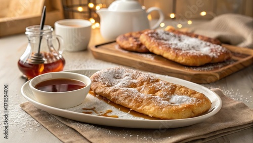 Delightful beavertails served with syrup and powdered sugar on a cozy table setting during a leisurely afternoon