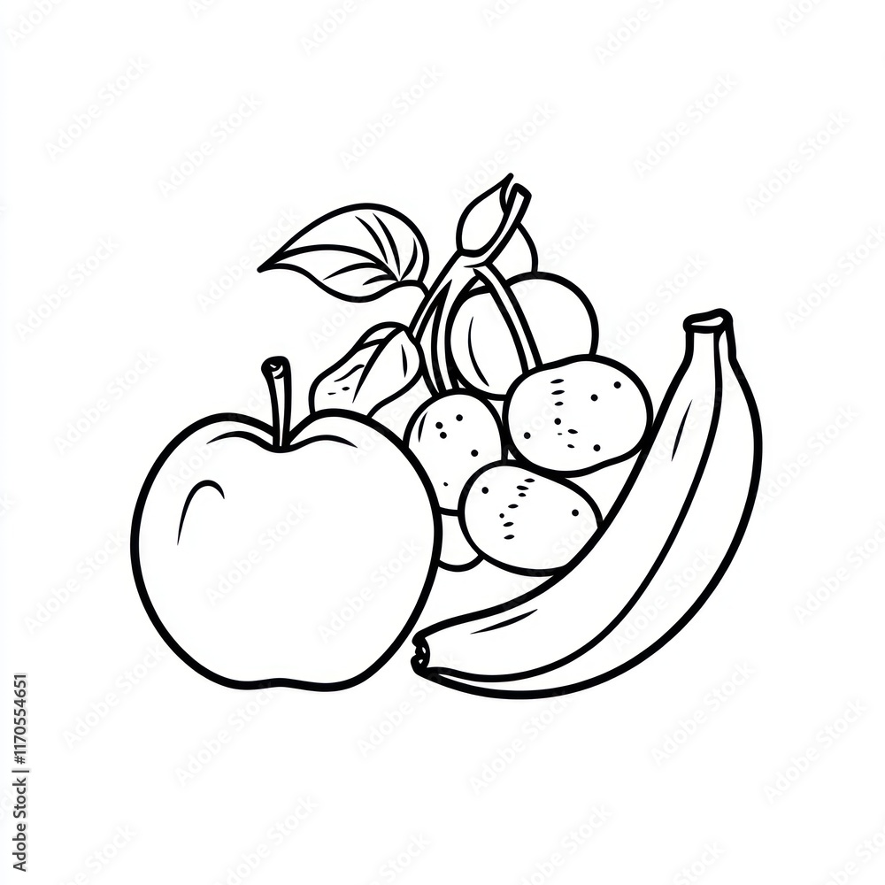 Obraz premium Apple, banana, grapes, cherries sketch; white background; coloring page