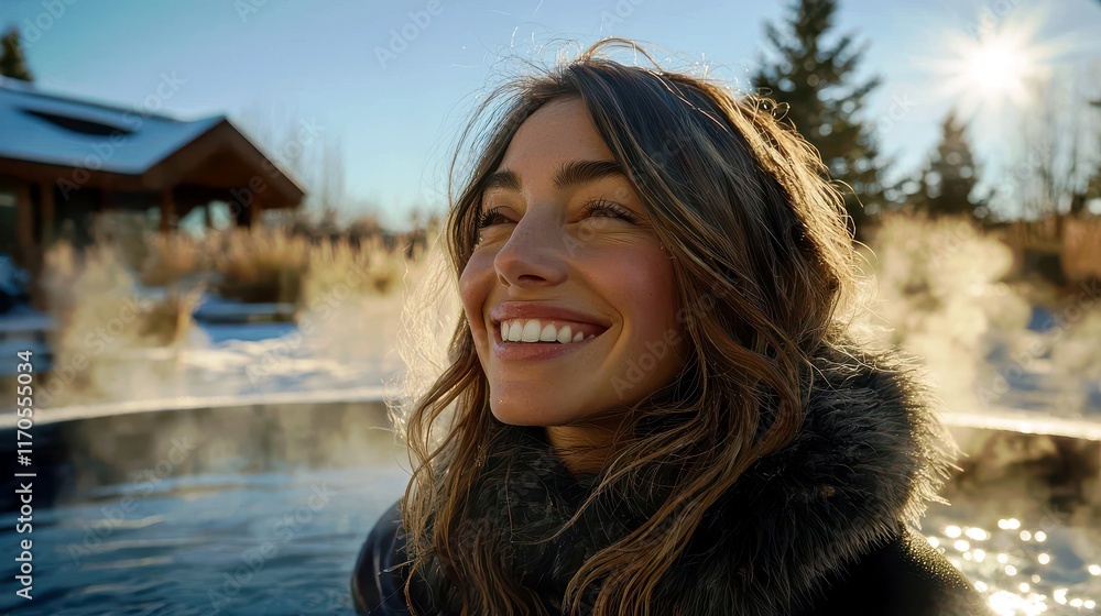Relaxed Young Woman Smiling While Enjoying a Warm Bath in a Calm Winter Landscape with Steam Rising Against a Clear Blue Sky Relaxed Young Woman Smiling While Enjoying a Warm Bath in a Calm Winter Landscape with Steam Rising Against a Clear Blue Sky
