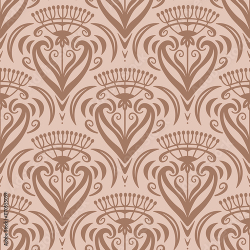 Art Nouveau style scallop floral seamless pattern on beige background.