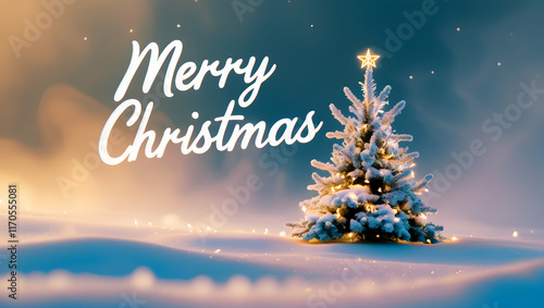 A magical Christmas white handwritten 'merry Christmas' over a festive holiday scene with snow covered trees, miniature houses, glittering gifts, and sparkling ornaments