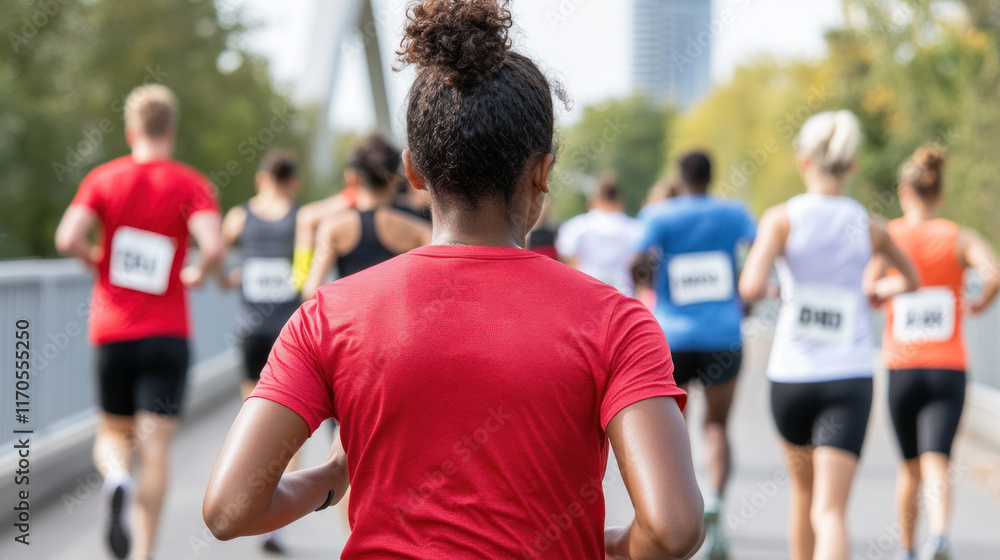 Fototapeta premium African runner woman in red Athleisure, joins in marathon event at Canada
