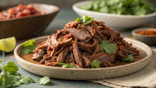 Delicious close up of juicy, tender barbacoa meat served with fresh toppings, perfect for a flavorful feast