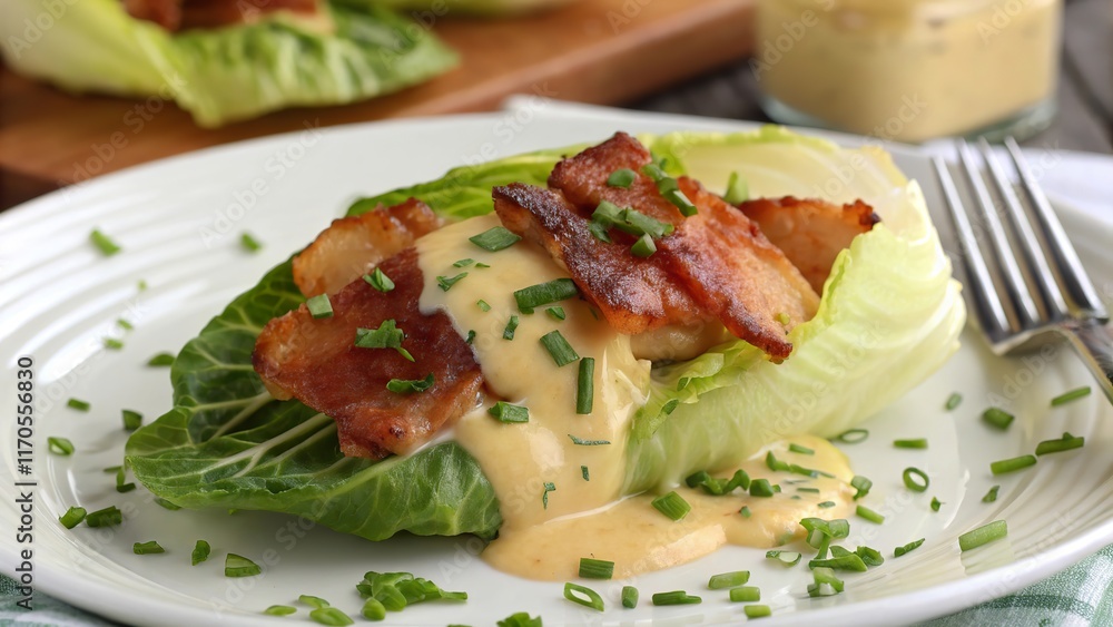 Savoring succulent bacon resting on crisp cabbage leaves with a drizzle of creamy sauce Savoring succulent bacon resting on crisp cabbage leaves with a drizzle of creamy sauce