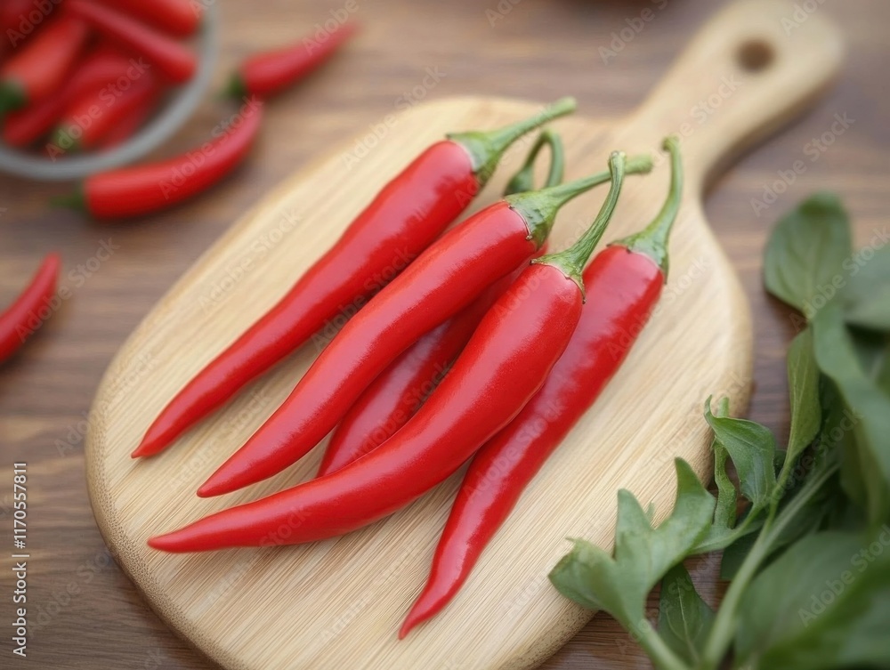 Fresh red chili peppers arranged on a wooden cutting board alongside green herbs Fresh red chili peppers arranged on a wooden cutting board alongside green herbs