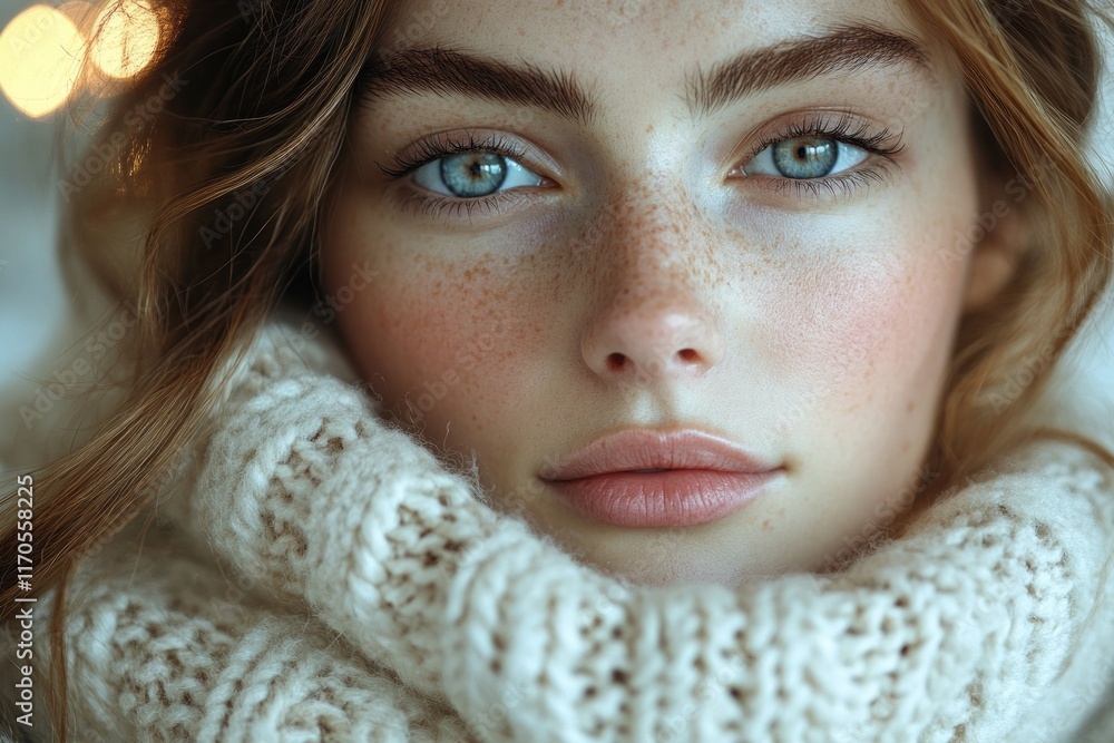 Natural Smiling Short Hair Woman in Cozy Turtleneck Sweater Natural Smiling Short Hair Woman in Cozy Turtleneck Sweater