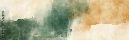 Watercolor strokes in earthy green and ochre create a harmonious abstract landscape inspired by nature