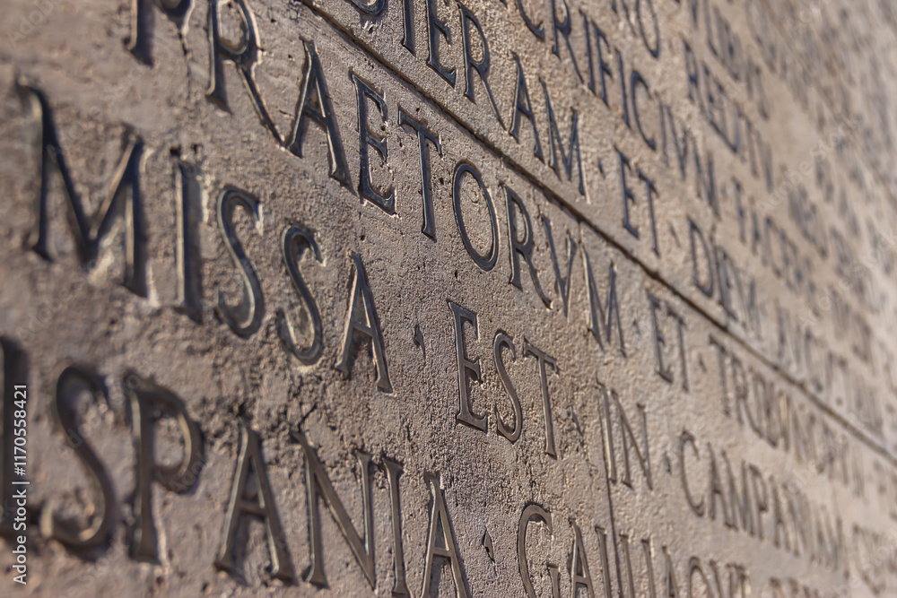Close-up of an ancient Roman inscription from The Deeds of the Divine Augustus, historical Latin text engraved on weathered stone. Rome, Italy Close-up of an ancient Roman inscription from The Deeds of the Divine Augustus, historical Latin text engraved on weathered stone. Rome, Italy