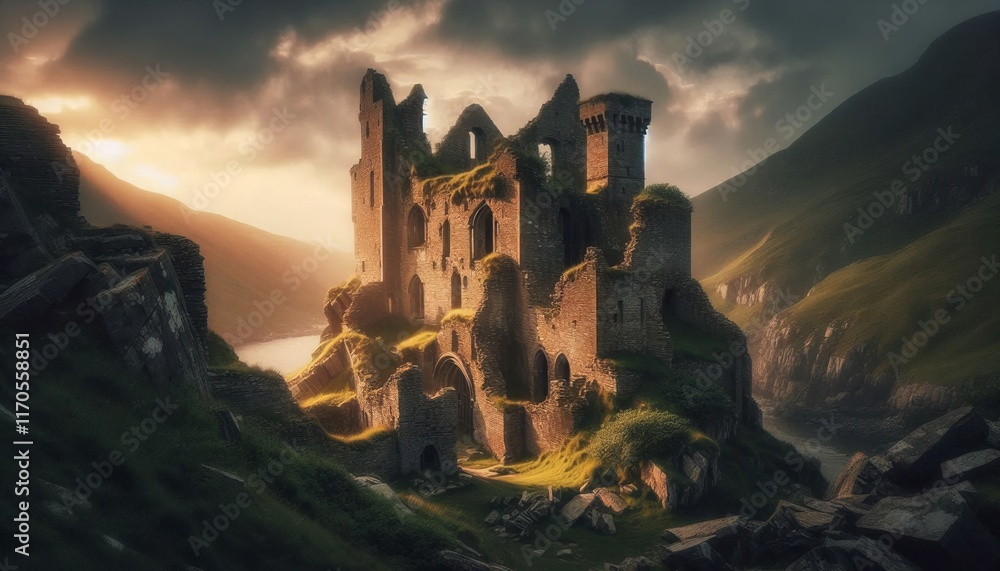 Fototapeta premium Ruined medieval castle overgrown with ivy, set against a dramatic sunset sky, surrounded by a serene, scenic landscape