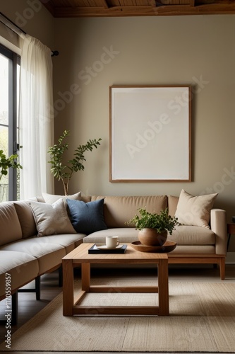 A stylish corner of a living room with a cozy beige sofa adorned with decorative pillows, a wooden coffee table, and greenery, all illuminated by soft natural light.  