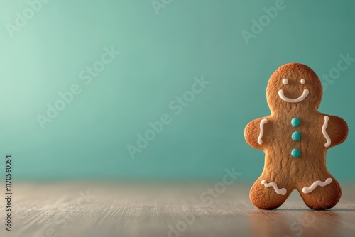 A cheerful gingerbread man stands against a soft pastel green background, showcasing colorful icing details. The playful composition invites a festive mood photo