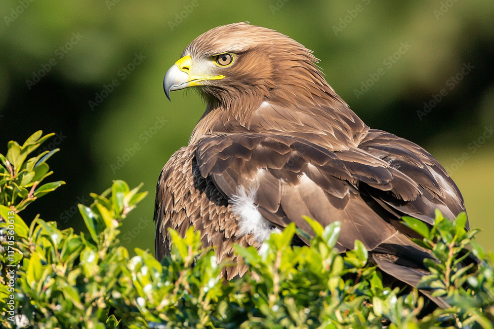 Majestic eagle perched amidst vibrant greenery Majestic eagle perched amidst vibrant greenery