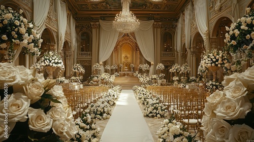 Grand white rose wedding ceremony setup in a luxurious palace.