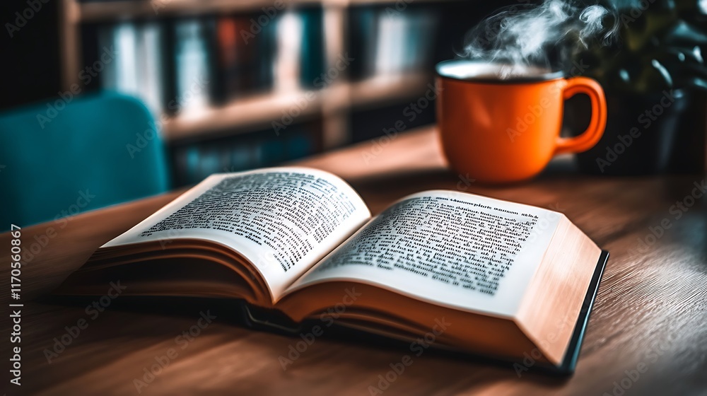 Open book on wooden table with steaming mug. Open book on wooden table with steaming mug.