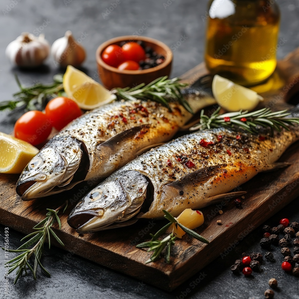 Two fresh sea bass with rosemary, lemon, and tomatoes on a rustic cutting board, perfect for culinary art, recipe blogs, and food styling. Two fresh sea bass with rosemary, lemon, and tomatoes on a rustic cutting board, perfect for culinary art, recipe blogs, and food styling.