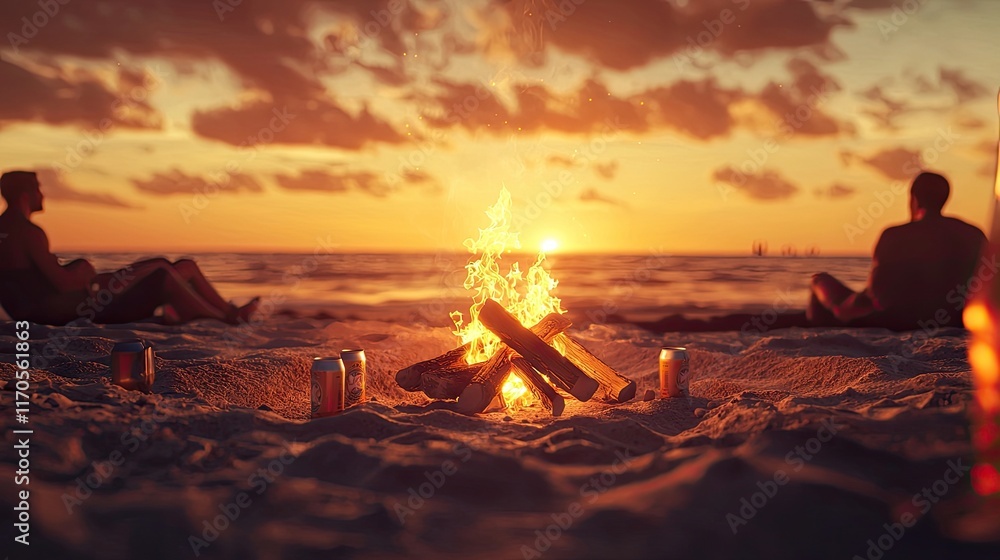 A cozy campfire on a beach surrounded by a group of friends, beer cans visible in the scene, golden sunset in the background, detailed sandy foreground, ultra-realistic lighting and shadows. A cozy campfire on a beach surrounded by a group of friends, beer cans visible in the scene, golden sunset in the background, detailed sandy foreground, ultra-realistic lighting and shadows.
