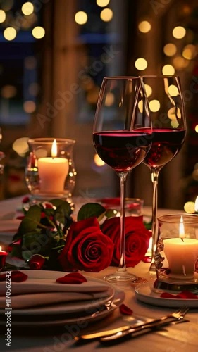 Romantic dinner setting with wine, candles, and roses for a cozy atmosphere.