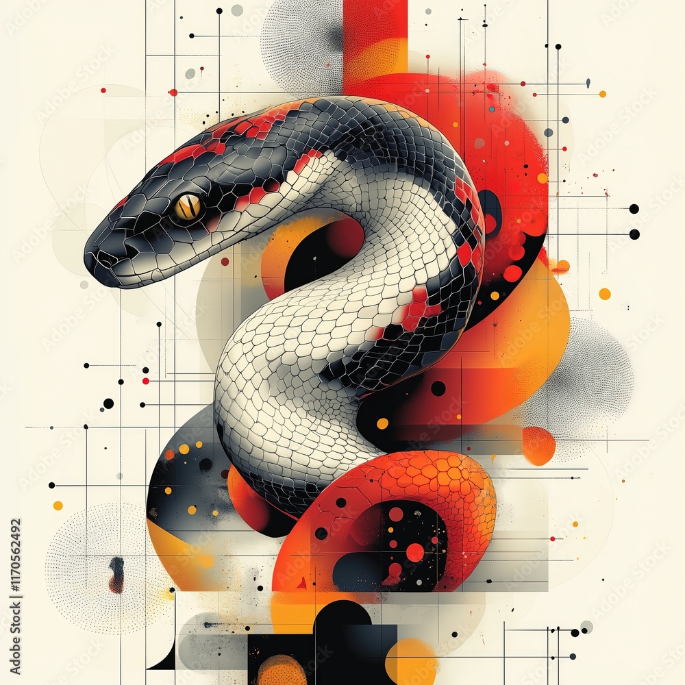 Obraz premium Red and white snake emerging from colorful geometric shapes, celebrating chinese new year 2025