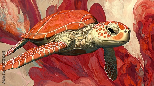 Orange sea turtle swimming in abstract red ocean.