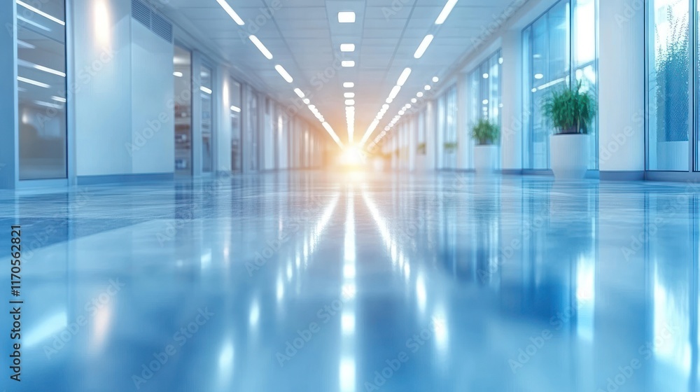 Fototapeta premium Sunlit modern office hallway, bright floor, plants, windows