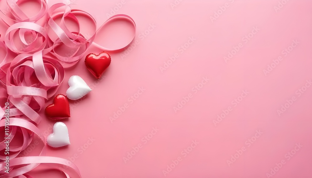 Fototapeta premium Valentine's Day is represented by heart-shaped ribbons entwined on a pink background. The horizontal layout provides selective focus and sufficient space for text.