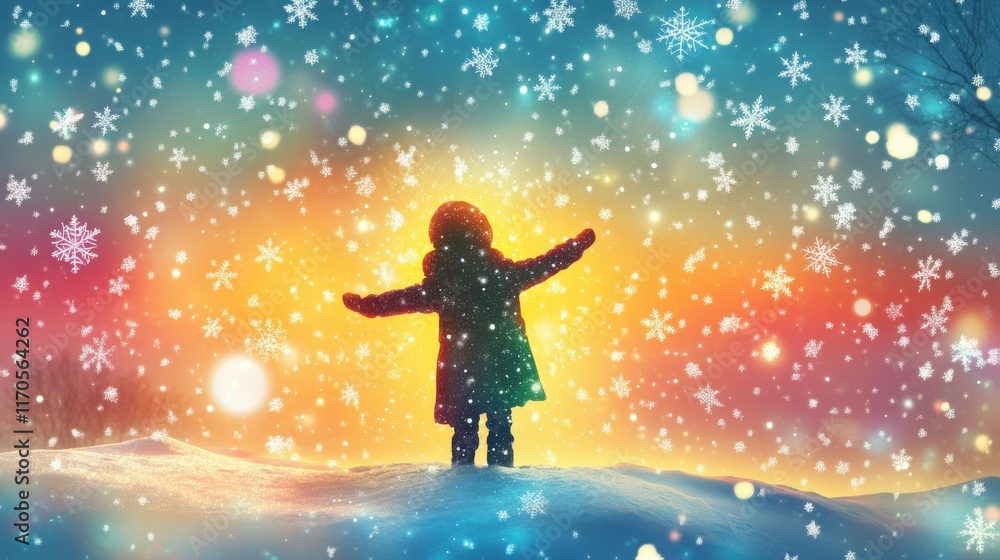 Naklejka premium Vibrant visualization of a glowing child celebrating winter wonder in a snowy landscape during twilight