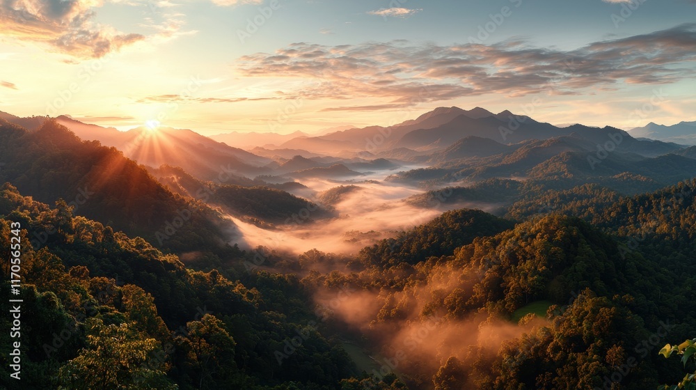 Obraz premium A breathtaking sunrise illuminates a misty valley surrounded by mountains, creating a serene and picturesque natural landscape.