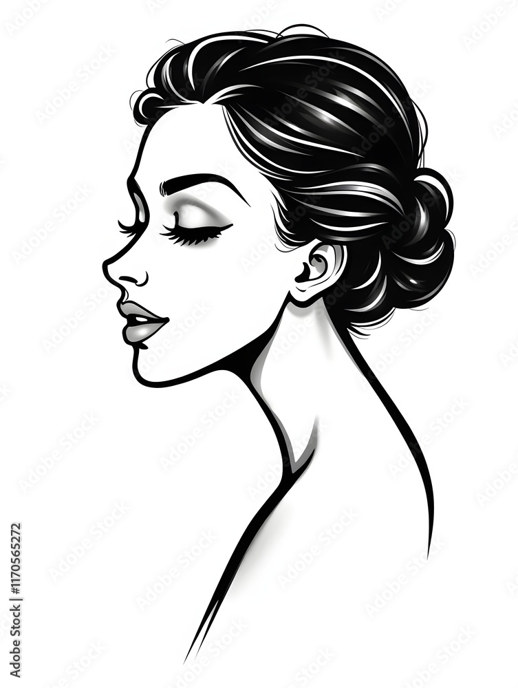 Elegant black and white illustration of a woman's profile, perfect for beauty, fashion, and design projects Elegant black and white illustration of a woman's profile, perfect for beauty, fashion, and design projects