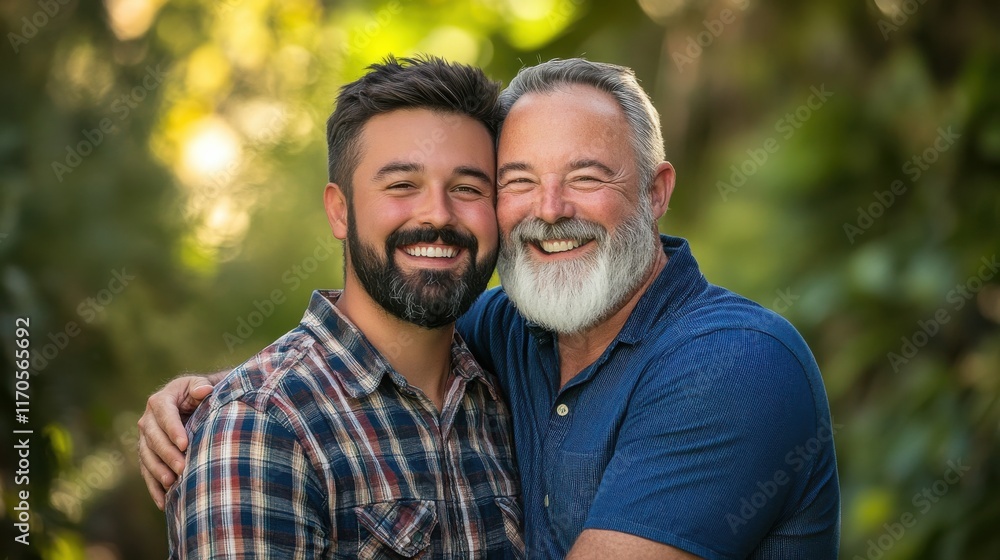 Obraz premium Heartwarming embrace between a younger man and his father in a lush garden setting during a sunny afternoon