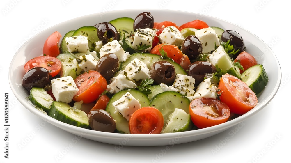 A fresh Greek salad with olives feta cheese cucumbers A fresh Greek salad with olives feta cheese cucumbers