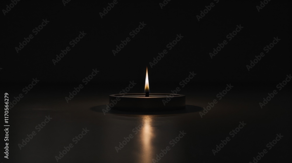 Single candle glowing on a table in a dark room, symbolizing power outage and minimalistic simplicity with ample copy space for design. Single candle glowing on a table in a dark room, symbolizing power outage and minimalistic simplicity with ample copy space for design.