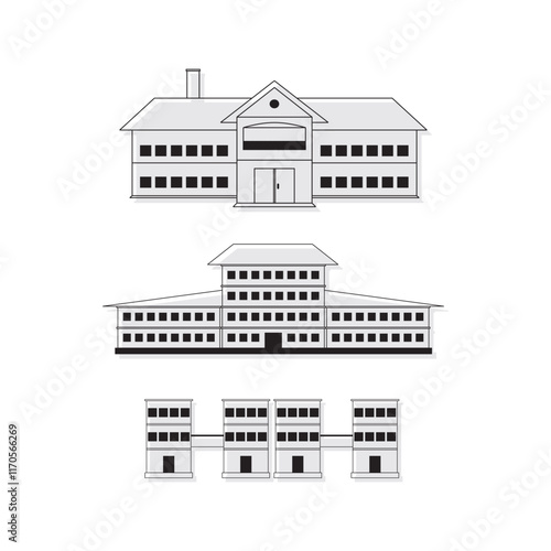 big school building line art monochrome logo set