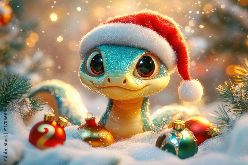 Cheerful Cartoon Snake in Santa Hat Celebrating New Year 2025 with Snowy Pine Trees and Colorful Ornaments Cheerful Cartoon Snake in Santa Hat Celebrating New Year 2025 with Snowy Pine Trees and Colorful Ornaments