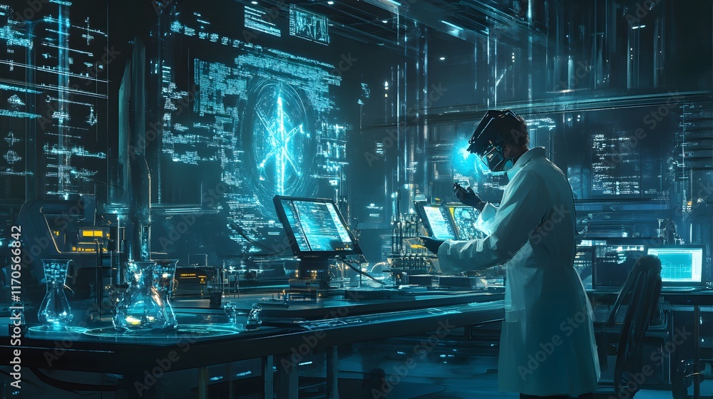 A futuristic scientist working in a lab with high-tecnology A futuristic scientist working in a lab with high-tecnology