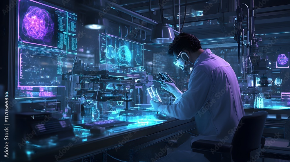 A futuristic scientist working in a lab with high-tecnology A futuristic scientist working in a lab with high-tecnology