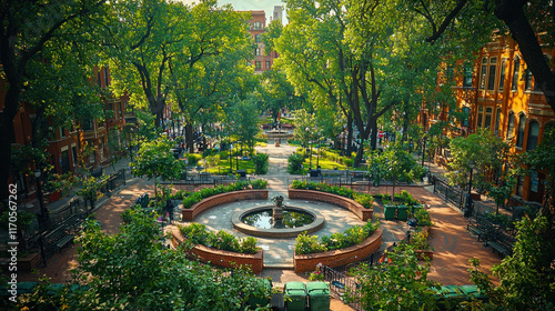 Gramercy Park's lush greenery and fountain viewed from above.