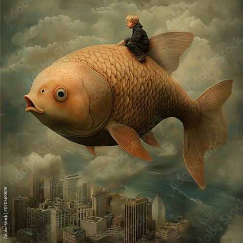 A whimsical illustration of an oversized fish swimming in the ocean, with a small boy sitting on its back, surrounded by cityscape silhouettes and gentle waves. The sky is painted with soft pastel photo