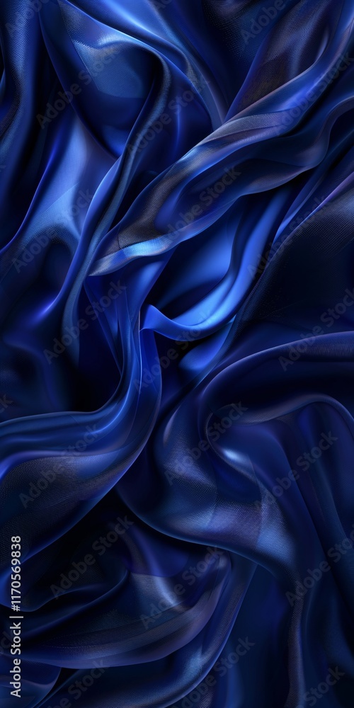 Fototapeta premium Blue wavy smooth shiny silk fabric texture luxurious background with copy space