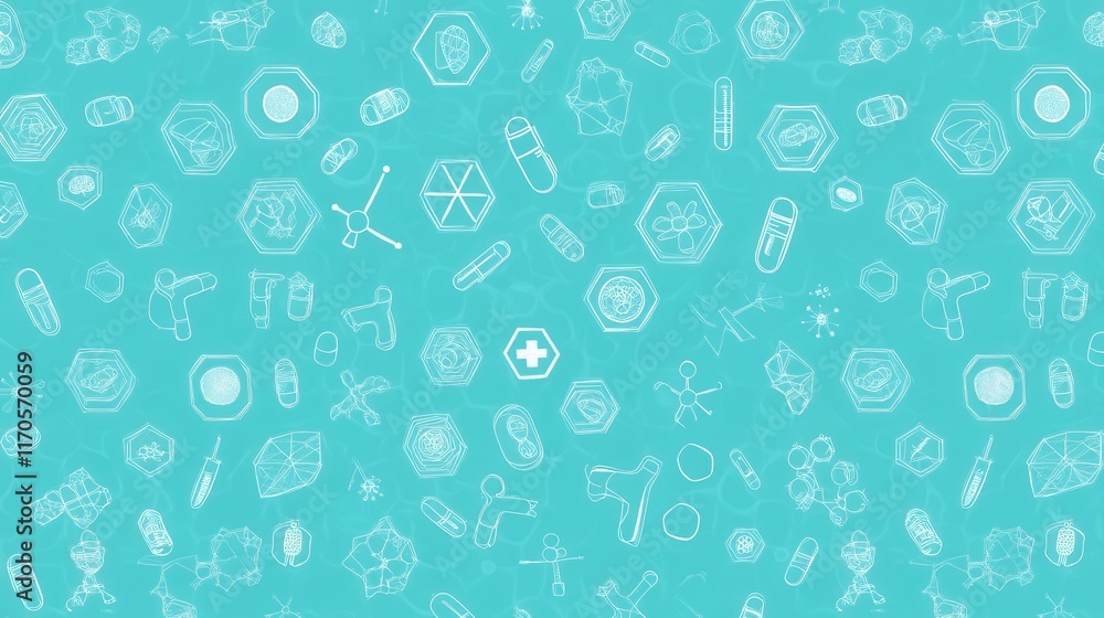 Teal science background, medical icons, research, pattern, website Teal science background, medical icons, research, pattern, website