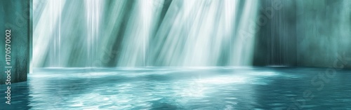 Mystical space with shimmering teal waters and gentle waterfalls creating a serene atmosphere