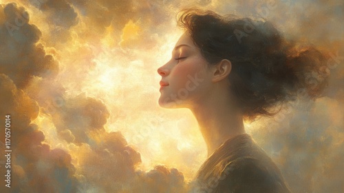 Mystical profile of a woman bathed in ethereal light against a backdrop of soft clouds