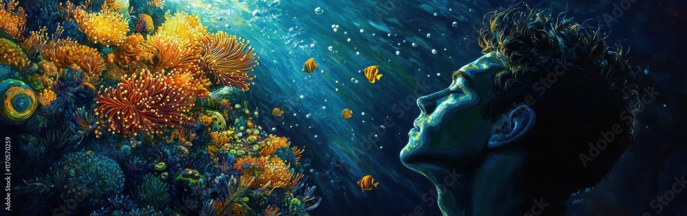 Naklejka premium Mystical underwater journey of a man immersed in colorful marine life at sunset