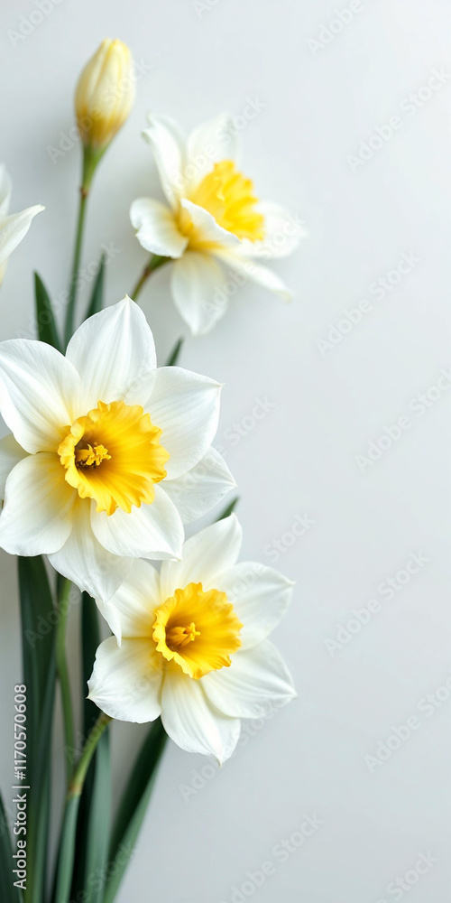 Fototapeta premium Concept photo of white daffodils, yellow daffodils with space for text