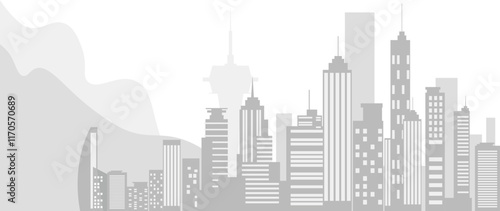 Flat illustration cityscape with urban buildings, roads, and bridges in a monochrome palette.